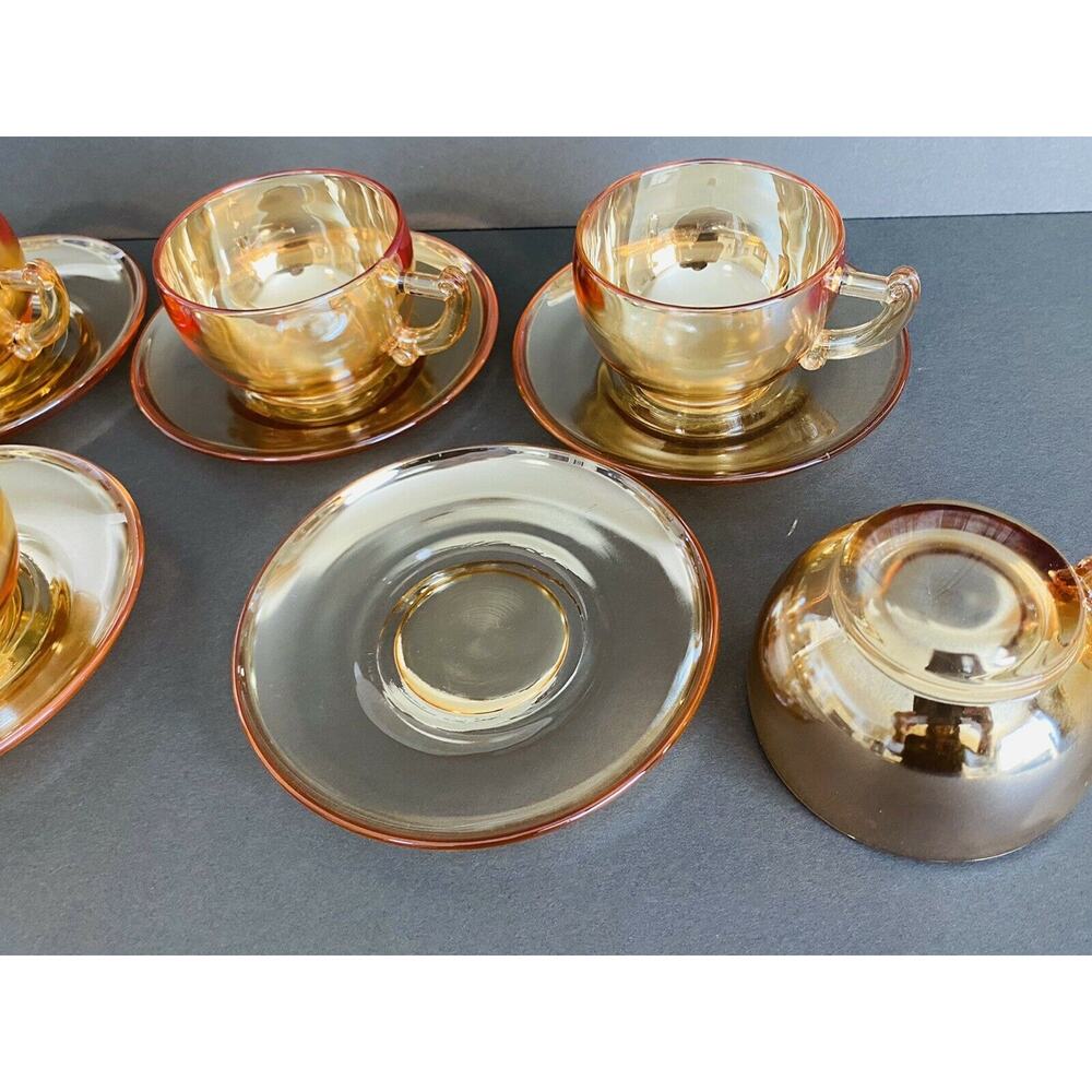 Vintage Jeanette Marigold Carnival Glass Iridescent Camellia 5 Teacups/Saucers - Picture 8 of 11